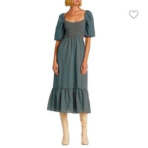 WAYF smocked puff sleeve gingham midi dress